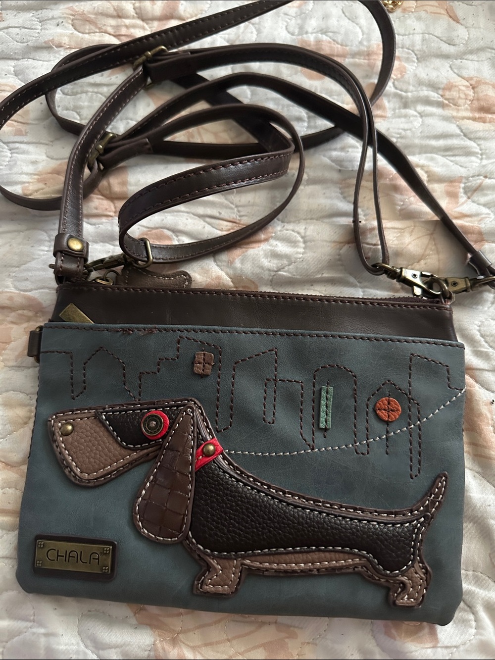Chala Teal Dachshund Crossbody Bag with Brown Accents